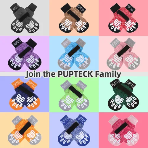 Vista 7 de PUPTECK Calcetines antideslizantes de doble cara para perro con correas ajustables para uso en interiores, 2 pares de calcetines de control