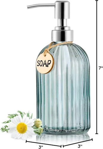 Vista 7 de MOCLIF Dispensador de Jabón de 16OZ con Bomba de Acero Inoxidable 304, Dispensador de Jabón Recargable de Vidrio Transparente con Rayas de Moda