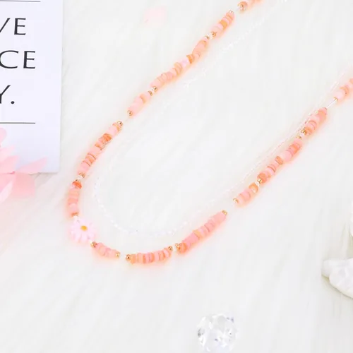 Vista 3 de Layered Colorful Beaded Necklace for Women Bohemian Cute Seed Beads Choker Necklace with Dangle Glass Beads Pink Daisy Charm Adjustable Chain