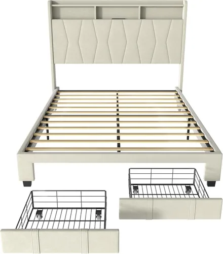 Vista 8 de Marco de Cama Queen, Cama de Plataforma LED Tapizada en Terciopelo con Almacenamiento en Cabecero, Cama Queen con Estación de Carga Integrada con 2