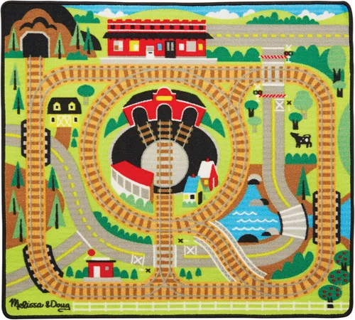 Vista 4 de Melissa & Doug Round The Rails - Alfombra de tren con 3 vagones de tren de madera enlazables (39 x 36 pulgadas)