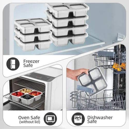 Vista 6 de Platos divididos de acero inoxidable, bandeja para niños y bebés, 4 compartimentos divididos, contenedor de aperitivos Bento con tapa, caja