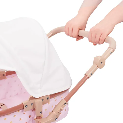 Vista 11 de LullaBaby – Cochecito de juguete rosa de 14 pulgadas con estrellas doradas para gemelos – Toldo plegable, ruedas giratorias y canasta