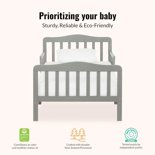 Vista 5 de Dream On Me Cama para niños pequeños de diseño clásico en gris claro, cama de madera baja al piso con rieles de seguridad, certificada GREENGUARD