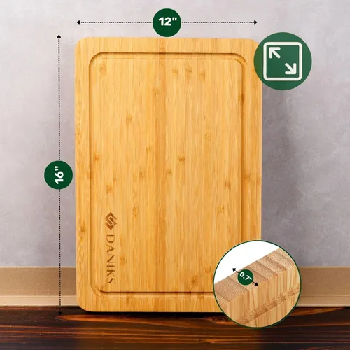 Vista 4 de Daniks Juego de 2 tablas de cortar de bambú con ranura para jugos, XL de 16 x 12 pulgadas y 13 x 9 pulgadas de largo, tablas de cortar para cocina