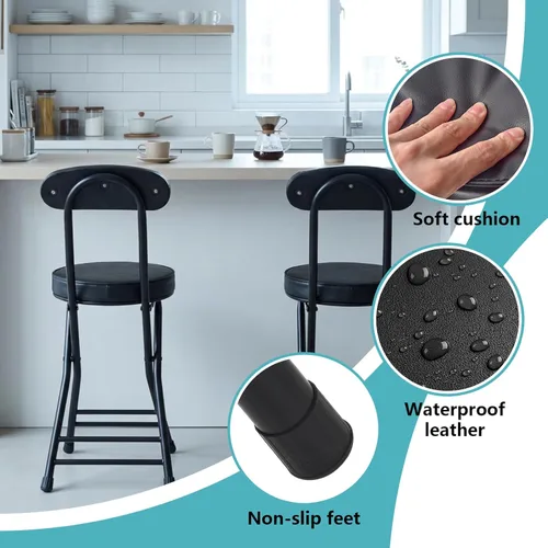 Vista 6 de Taburete plegable, taburete de bar plegable acolchado acolchado, 18 pulgadas de altura negra, taburete portátil resistente con capacidad de 300