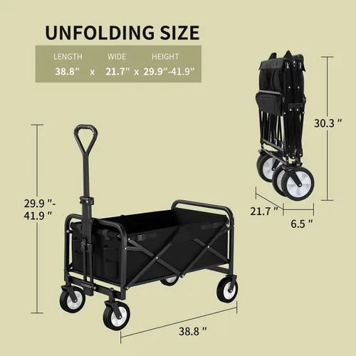 Vista 7 de Carrito plegable para jardín Carro plegable para playa Carro de compras para playa Vagón plegable con ruedas todo terreno Carro de compras para Negro