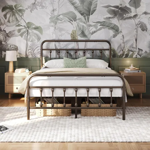 Vista 14 de Yaheetech Base de cama con plataforma de metal, cabecero y estribo Dorado antiguo