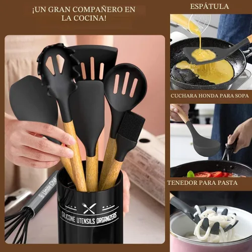 Vista 7 de Umite Chef Juego de utensilios de cocina, 33 piezas de espátulas de cocina de silicona antiadherentes con soporte, mango de madera juego de Negro