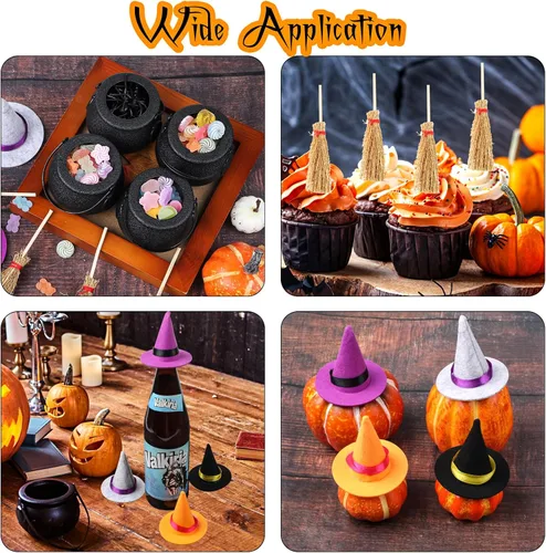 Vista 4 de FOIMAS 37 piezas de sombreros de bruja mini caldero de caramelo negro y escobas de bruja para Halloween, accesorios de manualidades, decoración