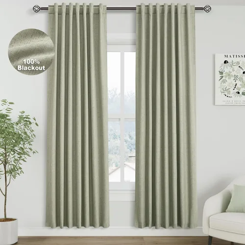 Vista 26 de Cortinas de lino verde aguamarina de 102 pulgadas de largo con pestaña trasera, bolsillo para barra, cortinas de lino opacas que absorben el sonido