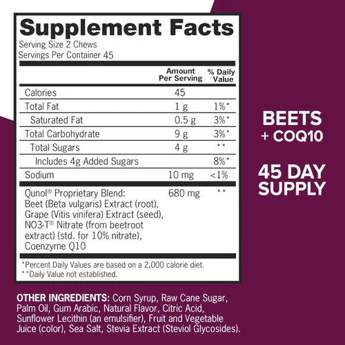 Vista 6 de Qunol Beets - Masticables para apoyar la presión arterial, remolacha 3 en 1 + CoQ10 + extracto de semilla de uva, apoya la circulación sanguínea