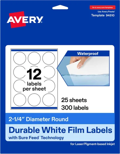 Vista 10 de Avery Printable Durable White Round Labels, Sure Feed Technology, 2.25" Diameter, Print-to-the-Edge, Waterproof Labels, Laser & Pigment-Based Inkjet