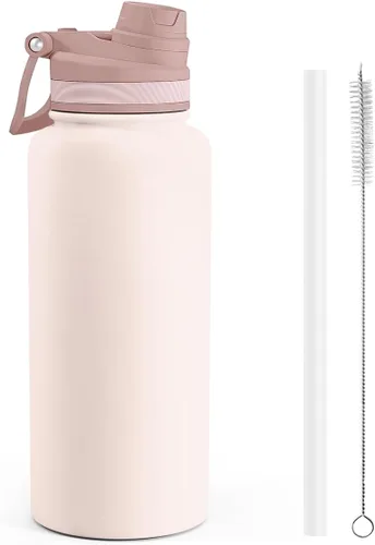 SANDJEST Botella de agua de acero inoxidable con correa de 32 onzas, botellas aisladas con popote y tapa de boquilla para gimnasio, deportes, viajes