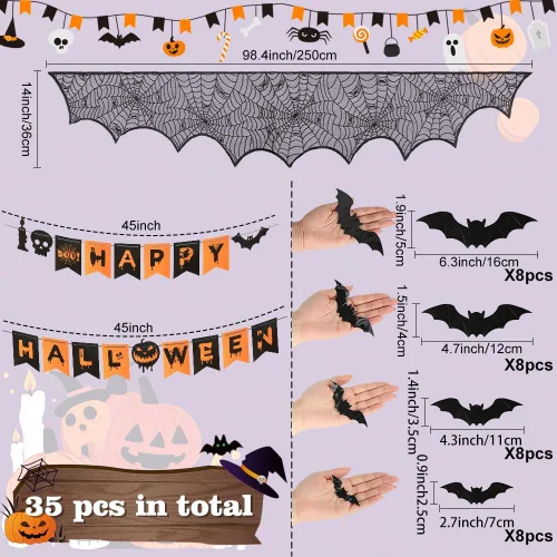 Vista 2 de Kit de decoración de Halloween para chimeneas interiores, mantos, decoración de telaraña, calcomanías de decoración de Halloween de murciélagos