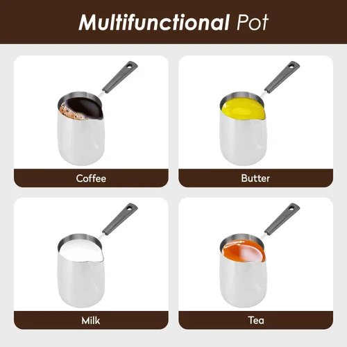 Vista 6 de Classics - Cafetera turca de 12 onzas / 11.8 fl oz de acero inoxidable para espuma de leche, jarra de café de mango largo, jarra toroide, calentador