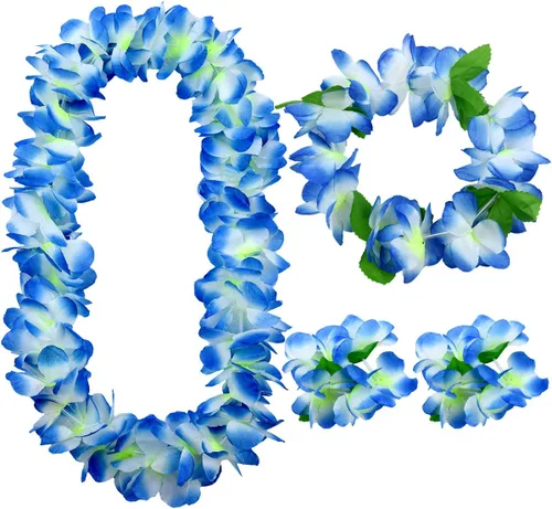 Hawaiian Leis 4-Piece Set | Extra-Fluffy 80-Petal Density Silk Flower Necklace, Headband & 2 Wristbands | Soft Tropical Luau Party Favors & Costume