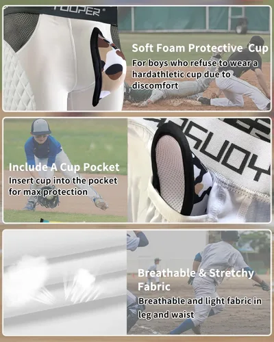 Vista 3 de Youper Youth Elite - Pantalones cortos acolchados deslizantes de béisbol con copa atlética suave
