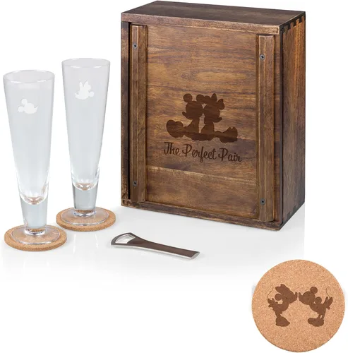 Vista 4 de PICNIC TIME Disney - Juego de vasos de regalo de Mickey Mouse y Minnie Mouse, cristalería grabada de 12 onzas con abrebotellas de madera de acacia