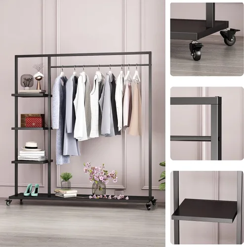 Vista 6 de Percheros de ropa negros con estante, perchero de ropa para boutiques, percheros industriales resistentes, exhibición de múltiples usos