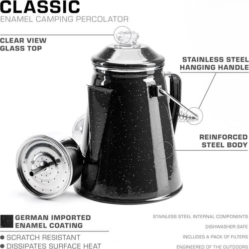 Vista 3 de COLETTI Cafetera Percolator clásica: la cafetera de camping más nostálgica, ahora modernizada [esmalte negro, 12 tazas]