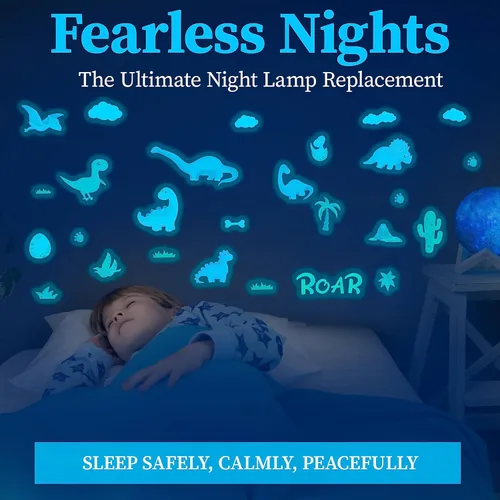 Vista 7 de Decoración de habitación de dinosaurios, calcomanías de pared de dinosaurios que brillan en la oscuridad para dormitorio de niños, calcomanías