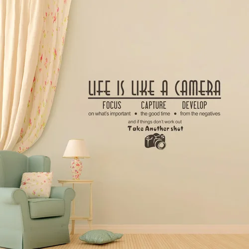 Vista 4 de Calcomanías de pared Art Life is Like a Camera (La vida es como una cámara), calcomanías de vinilo con texto en inglés "Shot Sayings", calcomanías