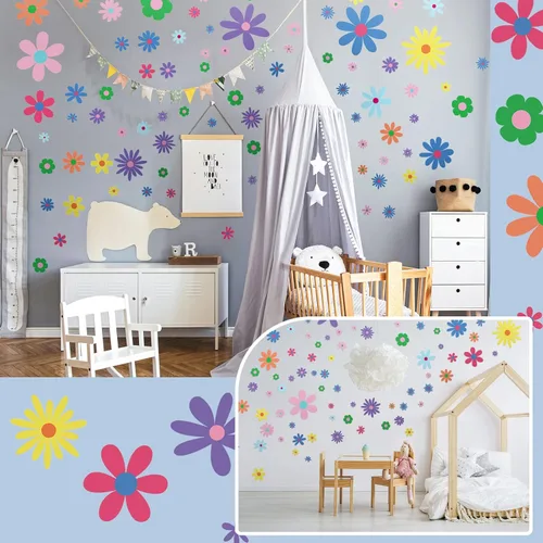 Vista 5 de Kisston 90 calcomanías de pared con diseño de margaritas, calcomanías de vinilo del alfabeto, calcomanías bohemias de margaritas, calcomanías