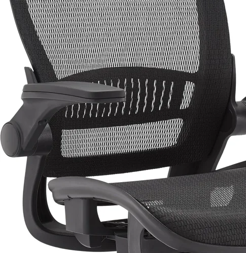 Vista 4 de Yaxa Basics Silla ergonómica de escritorio con respaldo alto, cómodos reposabrazos abatibles, asiento de malla contorneada, giratorio, negro, 25.5
