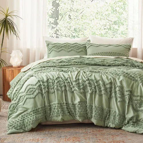 Vista 12 de Luxudecor Juego de edredón acolchado beige, tamaño matrimonial, 3 piezas, bohemio, Shabby Chic, juego de ropa de cama bordado estilo granja, edredón