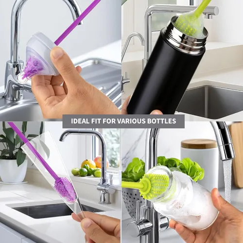Vista 5 de A-Brush - Cepillo limpiador de botellas de silicona, juego de 2 piezas, flexible, mango largo, limpiador de botellas de agua, cepillo para pezón