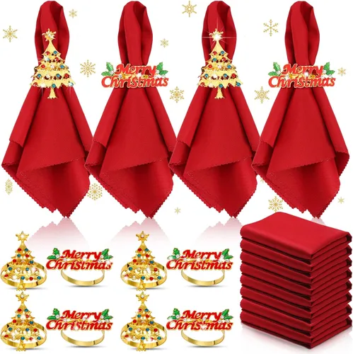 Vista 15 de EBOOT 16 piezas de servilletas de Navidad y juego de porta servilletas 8 piezas de servilletas lavables rojas de tela y 8 porta servilletas