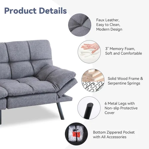 Vista 5 de Hcore Convertible Futon Sofa Bed, Memory Foam Sleeper, Loveseat, Small Splitback Polyester Modern Sofa for Living Room, Office, Apartment - Power