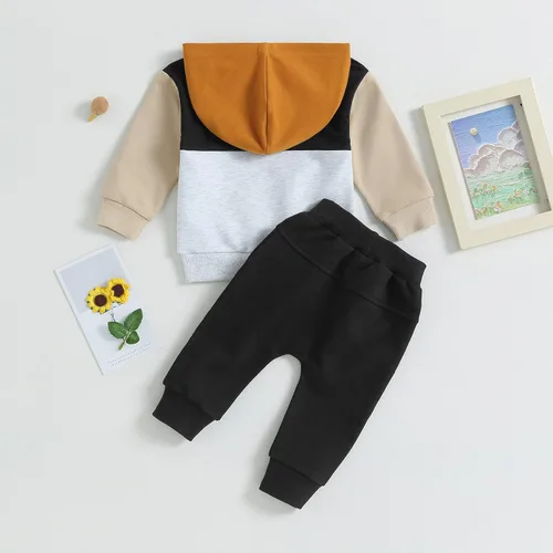 Vista 4 de Ropa para bebé niño pequeño, sudadera con capucha y bloques de color, 2 piezas, sudadera para otoño e invierno