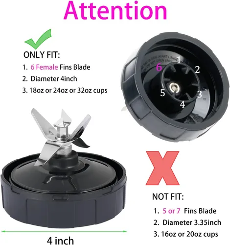 Vista 2 de Cuchilla de repuesto para licuadora hembra de 6 aletas y vasos de 24 onzas compatibles con licuadoras Ninja Auto iQ.