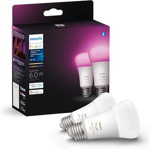 Vista 10 de Philips Hue Bombilla LED inteligente A19 de 60 W, luz blanca y Color Ambiance que cambia de color, 1 paquete, 800 lúmenes, E26, interior, control