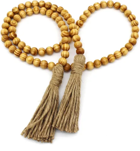 Vista 16 de CVHOMEDECO. Guirnalda de cuentas de madera con borlas, estilo rústico de granja, cadena de cuentas de oración para colgar en la pared, acento