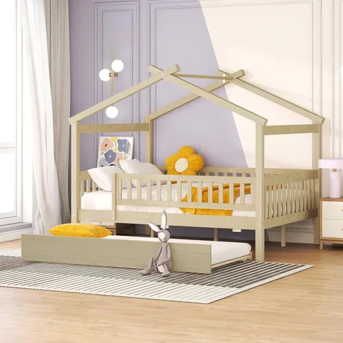 Vista 40 de Merax Cama de tamaño individual de madera estilo casa con valla, marco de cama de madera con techo y barandilla de seguridad para niños, Blanco