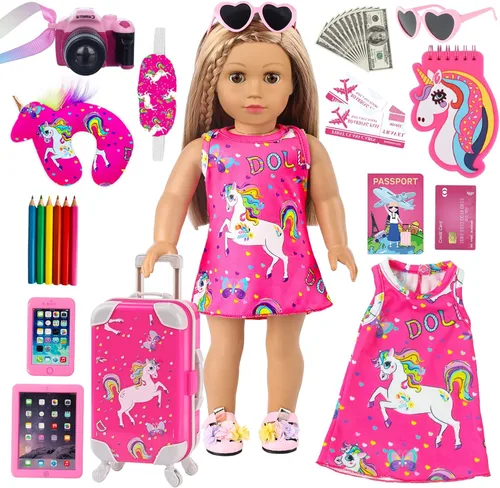 ZQDOLL Ropa y accesorios para muñecas americanas de 18 pulgadas, juego de equipaje de viaje, incluye ropa de muñeca de 18 pulgadas, maleta de viaje,