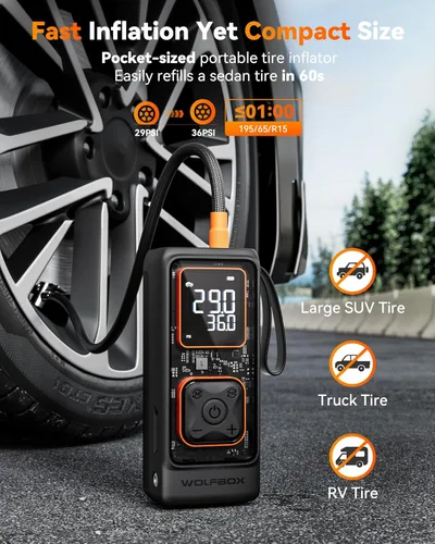 Vista 2 de WOLFBOX Inflador de neumáticos inalámbrico, compresor de aire portátil, bomba de aire de 150 PSI para neumáticos de automóvil, motocicleta