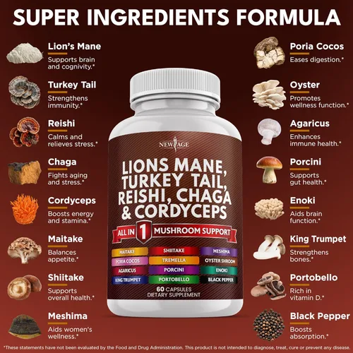 Vista 2 de NEW AGE Suplemento de hongo melena de león con cola de pavo Reishi Cordyceps Chaga con raíz de malvavisco