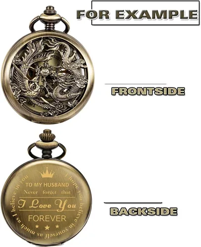 Vista 2 de ManChDa Relojes mecánicos de bolsillo grabados con esqueleto de doble cubierta con números romanos, esfera personalizada con caja y cadena