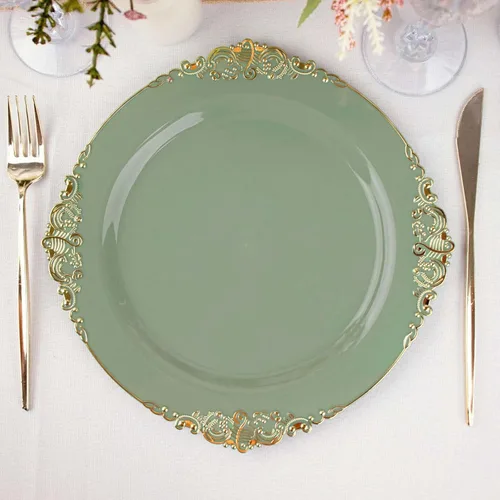 Vista 16 de Efavormart - Paquete de 10 platos redondos de plástico para ensalada de postre de 8 pulgadas, color negro/dorado, vajilla desechable con borde