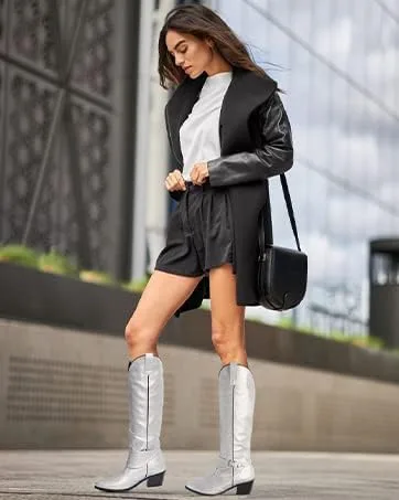 Vista 3 de SaraIris Botas vaqueras para mujer, botas vaqueras de tacón grueso, punta puntiaguda, botas bordadas hasta la rodilla, botas altas de media