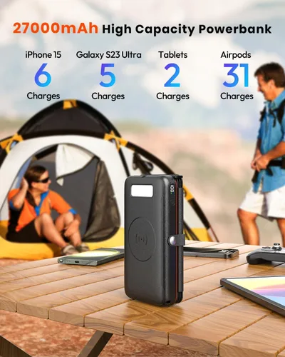 Vista 4 de FEELLE Cargador solar, cargador portátil inalámbrico de 27000 mAh con 4 paneles solares, batería externa de carga rápida de 22.5 W, cargador externo