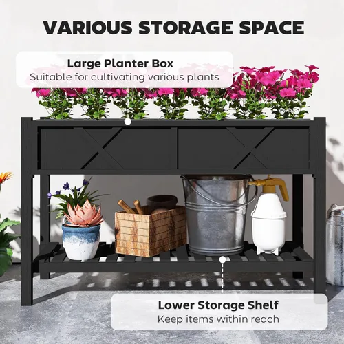 Vista 3 de Outsunny Cama de jardín elevada, maceta de madera elevada con estante de almacenamiento, agujeros de drenaje y forro para patio trasero, patio, Negro