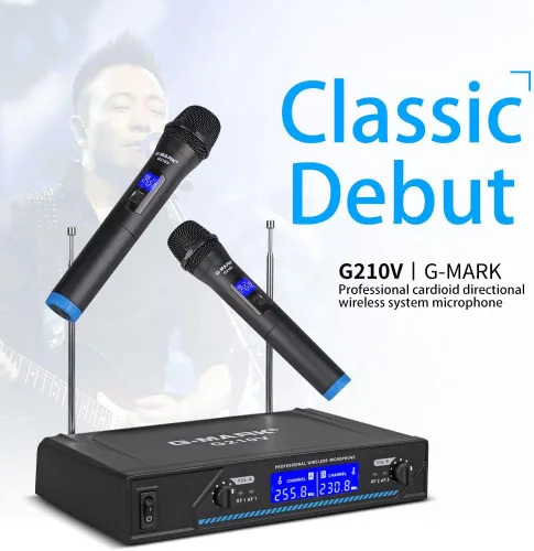 Vista 2 de G-MARK Micrófono inalámbrico G210V, sistema de micrófono dinámico inalámbrico VHF profesional dual de metal para karaoke, reuniones, fiestas