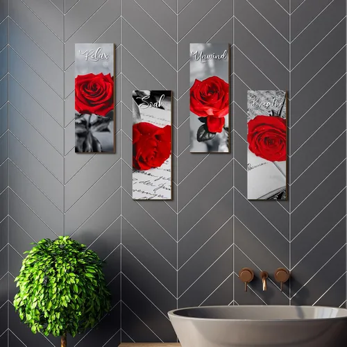 Vista 4 de Juego de 4 decoraciones de pared de baño con rosas rojas, decoración de baño, decoración de baño, decoración de pared de granja, placa de madera