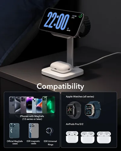 Vista 8 de ESR for 3 in 1 Wireless Charging Station, Certified Apple Watch Charger, 15W MagSafe Charger Stand for iPhone, Wireless Charger for Multiple Devices