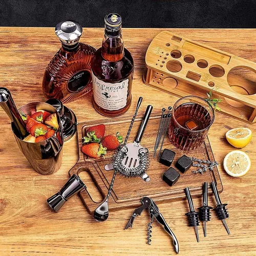 Vista 3 de Kit de camarero con soporte, juego de coctelera de acero inoxidable con herramientas de barra de acero inoxidable, para regalo de Navidad, hogar